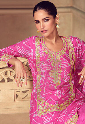 Bandhej Printed Chinon Silk Pakistani Suit in Pink
