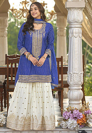 Bandhej Printed Chinon Silk Pakistani Suit in Royal Blue
