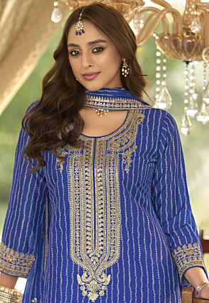 Bandhej Printed Chinon Silk Pakistani Suit in Royal Blue