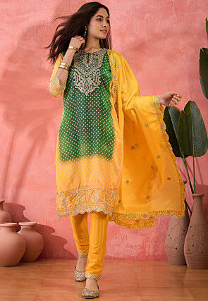 Bandhej Printed Chinon Silk Pakistani Suit in Shaded Green and Yellow