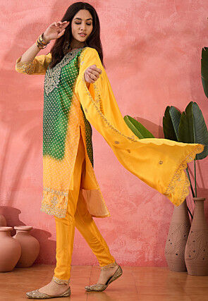 Bandhej Printed Chinon Silk Pakistani Suit in Shaded Green and Yellow