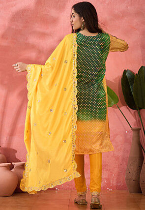 Bandhej Printed Chinon Silk Pakistani Suit in Shaded Green and Yellow