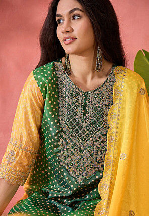 Bandhej Printed Chinon Silk Pakistani Suit in Shaded Green and Yellow