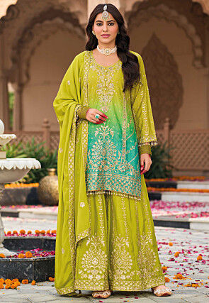 Bandhej Printed Chinon Silk Pakistani Suit in Shaded Green