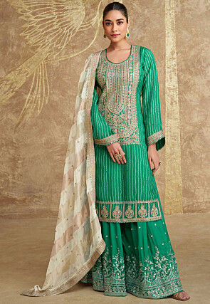 Bandhej Printed Chinon Silk Pakistani Suit in Teal Green