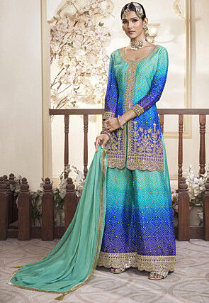 Bandhej Printed Chinon Silk Pakistani Suit in Turquoise and Blue