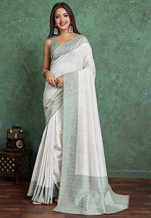 Bandhej Printed Chinon Silk Saree in Off White