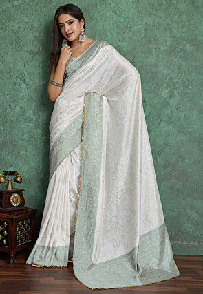 Bandhej Printed Chinon Silk Saree in Off White