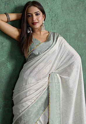 Bandhej Printed Chinon Silk Saree in Off White