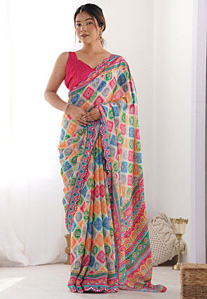 Bandhej Printed Chinon Silk Scalloped Saree in Multicolor