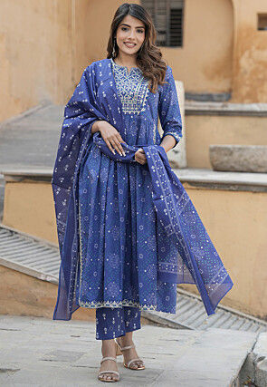 Bandhej Printed Cotton A Line Suit in Navy Blue