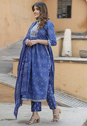 Bandhej Printed Cotton A Line Suit in Navy Blue
