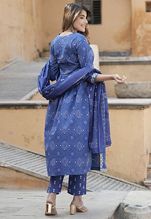 Bandhej Printed Cotton A Line Suit in Navy Blue
