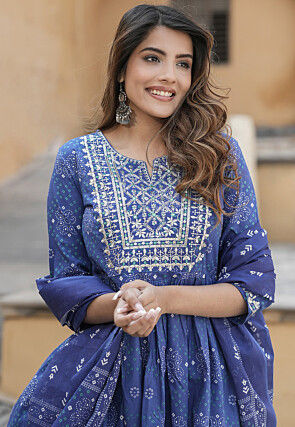 Bandhej Printed Cotton A Line Suit in Navy Blue