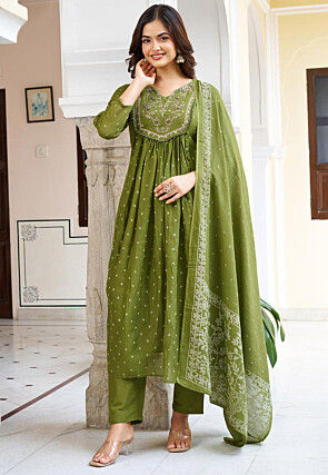 Bandhej Printed Cotton A Line Suit in Olive Green