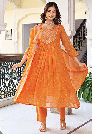 Bandhej Printed Cotton A Line Suit in Orange