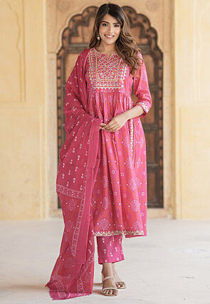Bandhej Printed Cotton A Line Suit in Pink