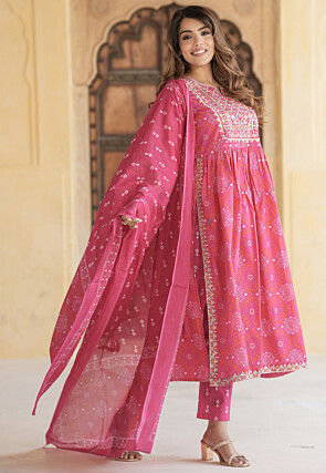 Bandhej Printed Cotton A Line Suit in Pink