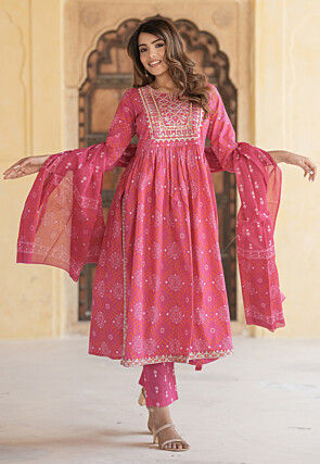 Bandhej Printed Cotton A Line Suit in Pink