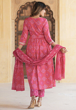 Bandhej Printed Cotton A Line Suit in Pink