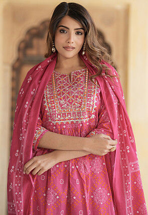 Bandhej Printed Cotton A Line Suit in Pink