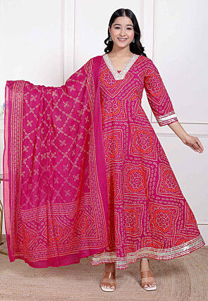 Bandhej Printed Cotton Abaya Style Suit in Fuchsia
