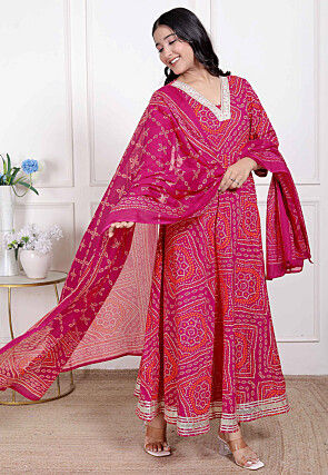 Bandhej Printed Cotton Abaya Style Suit in Fuchsia