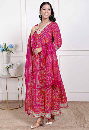 Bandhej Printed Cotton Abaya Style Suit in Fuchsia