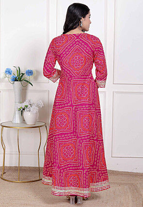 Bandhej Printed Cotton Abaya Style Suit in Fuchsia