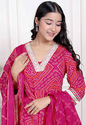 Bandhej Printed Cotton Abaya Style Suit in Fuchsia