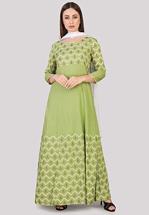 Bandhej Printed Cotton Abaya Style Suit in Green
