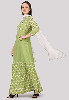 Bandhej Printed Cotton Abaya Style Suit in Green