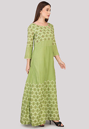Bandhej Printed Cotton Abaya Style Suit in Green
