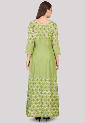 Bandhej Printed Cotton Abaya Style Suit in Green