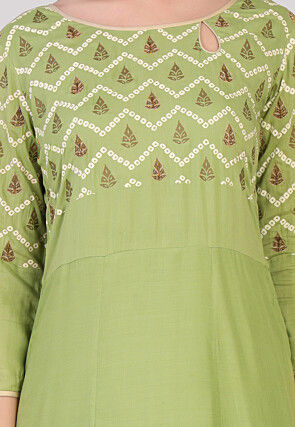 Bandhej Printed Cotton Abaya Style Suit in Green