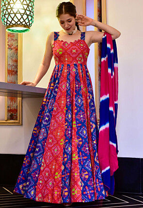 Bandhej Printed Cotton Abaya Style Suit in Pink and Blue
