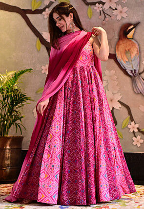 Bandhej Printed Cotton Abaya Style Suit in Pink