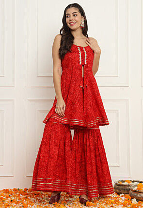 Bandhej Printed Cotton Co Ord Set in Red