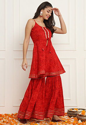 Bandhej Printed Cotton Co Ord Set in Red