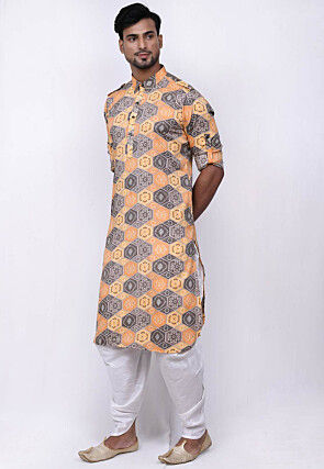 Bandhej Printed Cotton Dhoti Kurta in Yellow