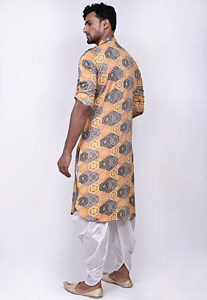Bandhej Printed Cotton Dhoti Kurta in Yellow