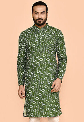 Bandhej Printed Cotton Kurta in Olive Green