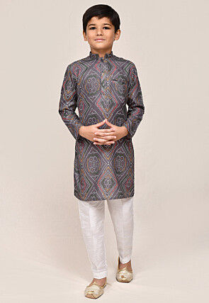 Bandhej Printed Cotton Kurta Set in Grey