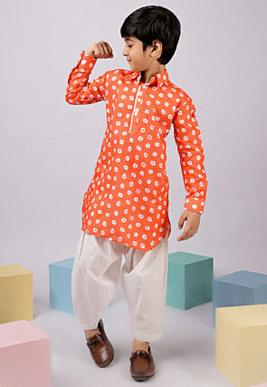 Bandhej Printed Cotton Kurta Set in Orange