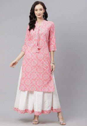 Bandhej Printed Cotton Kurta with Skirt in Pink