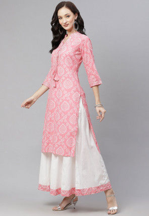 Bandhej Printed Cotton Kurta with Palazzo in Pink