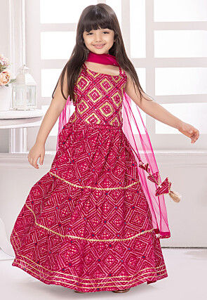Bandhej Printed Cotton Lehenga in Fuchsia