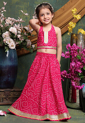 Bandhej Printed Cotton Lehenga in Fuchsia