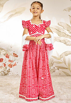 Bandhej Printed Cotton Lehenga in Red