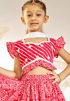 Bandhej Printed Cotton Lehenga in Red